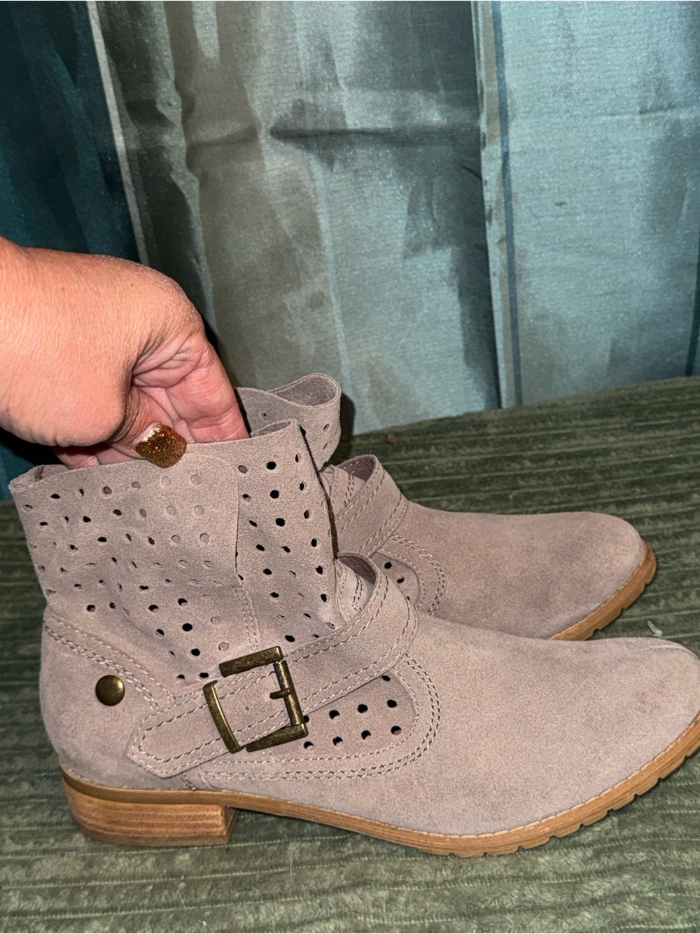 Restricted Taupe Suede Perforated Ankle Boots with Buckle